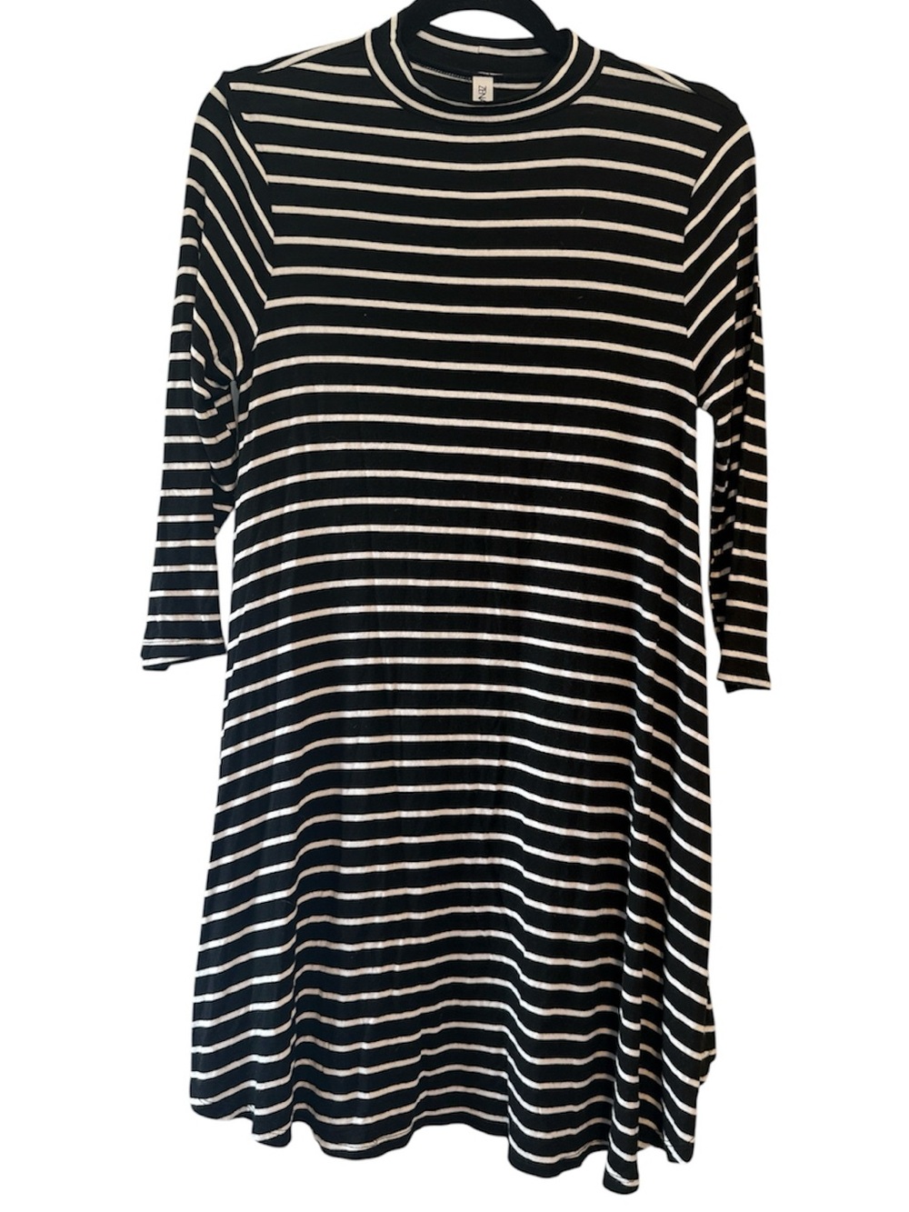 Zenana Premium Black and White Striped Long Sleeve Mock Neck Swing Dress
